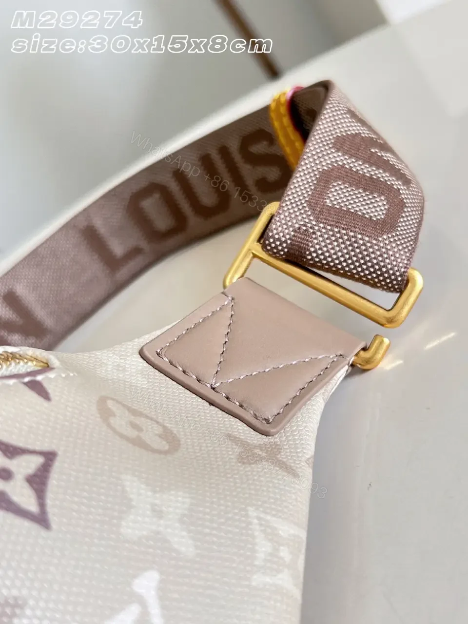View 6 of Beige Canvas LV-Pattern Crossbody Bag with Gold Zippers