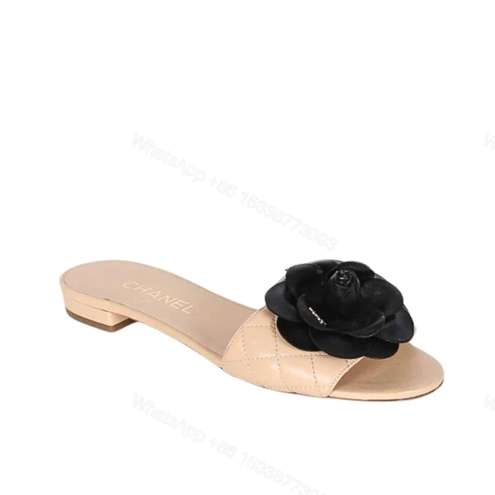 Chanel Black Camellia Slides Beige — view 1