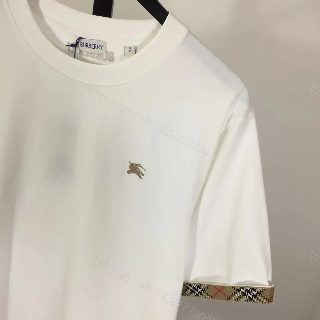 View 10 of White Cotton T-Shirt with Plaid Trim, Crewneck, Short Sleeves