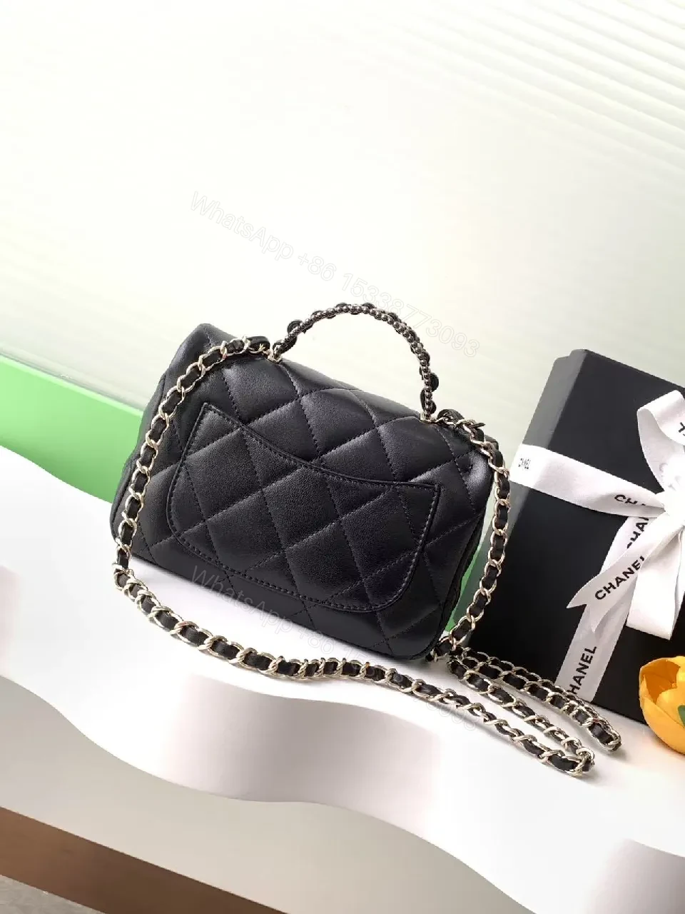 View 2 of Quilted Leather Crossbody Bag: Gold Logo Charm