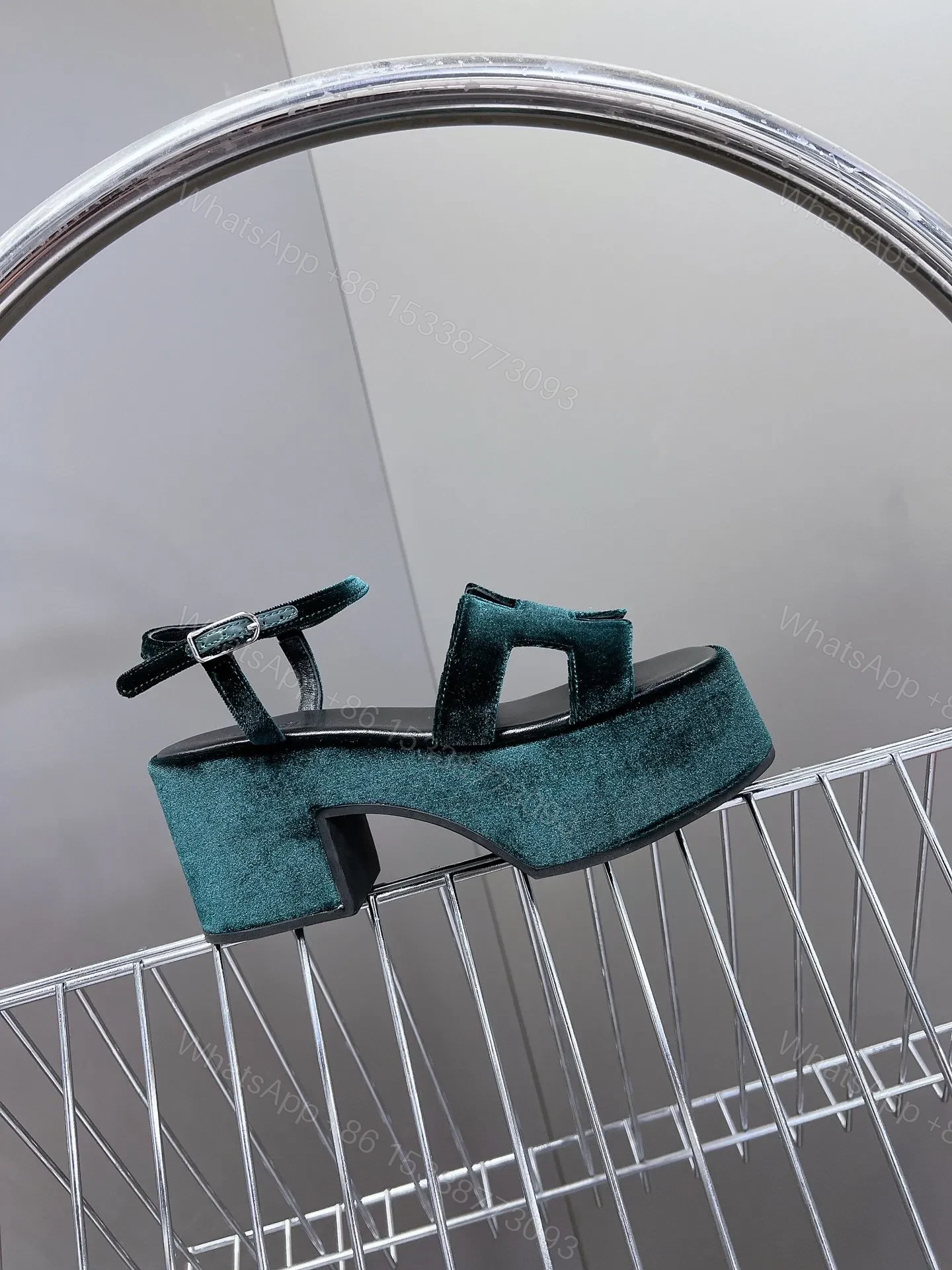 View 6 of Hermes Women Dark Green Velvet Sandals