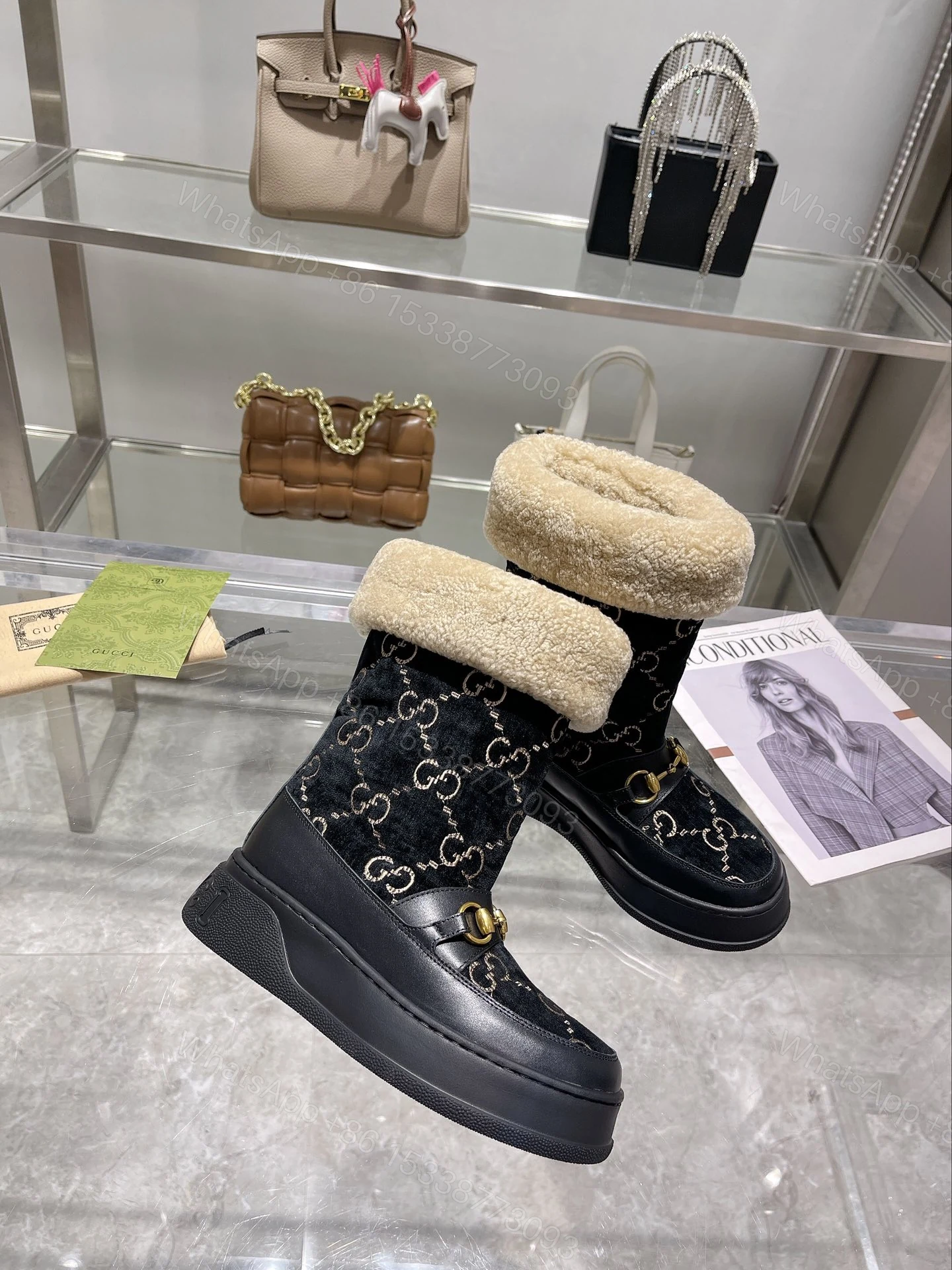 View 5 of GUCCI 1955 HORSEBIT SNOW BOOTS VELVET FABRIC BLACK