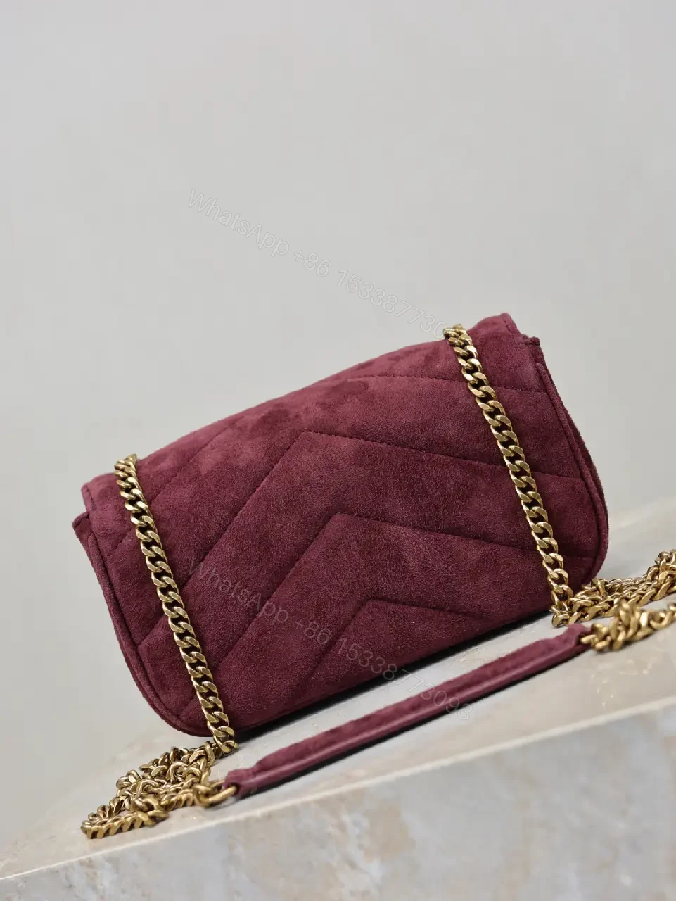 View 9 of Burgundy Suede Crossbody Bag with Gold Hardware