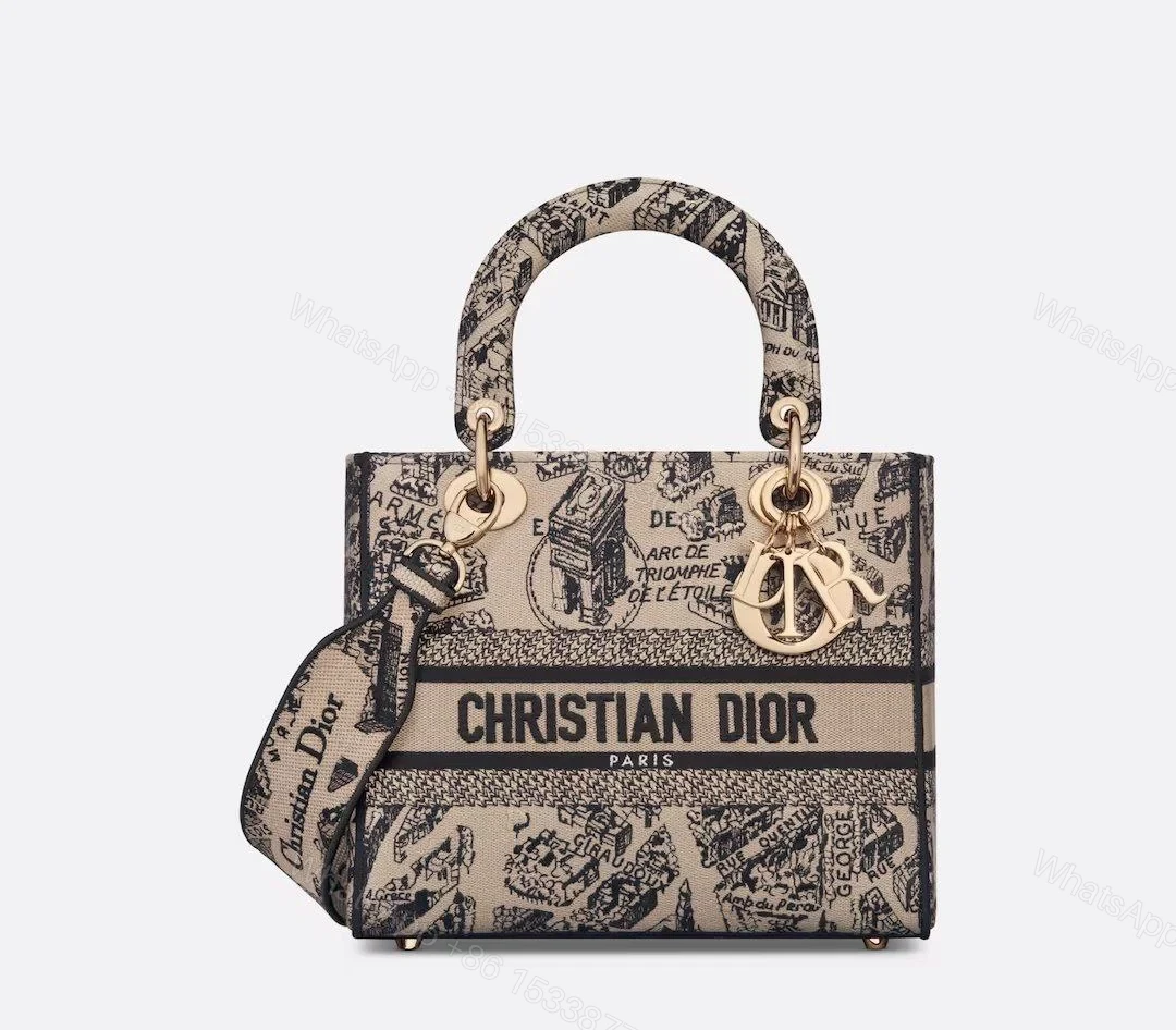 Design MEDIUM LADY D-LITE BAG Beige and Black Plan de Paris Embroidery – Dubai Fashion LUX — view 1