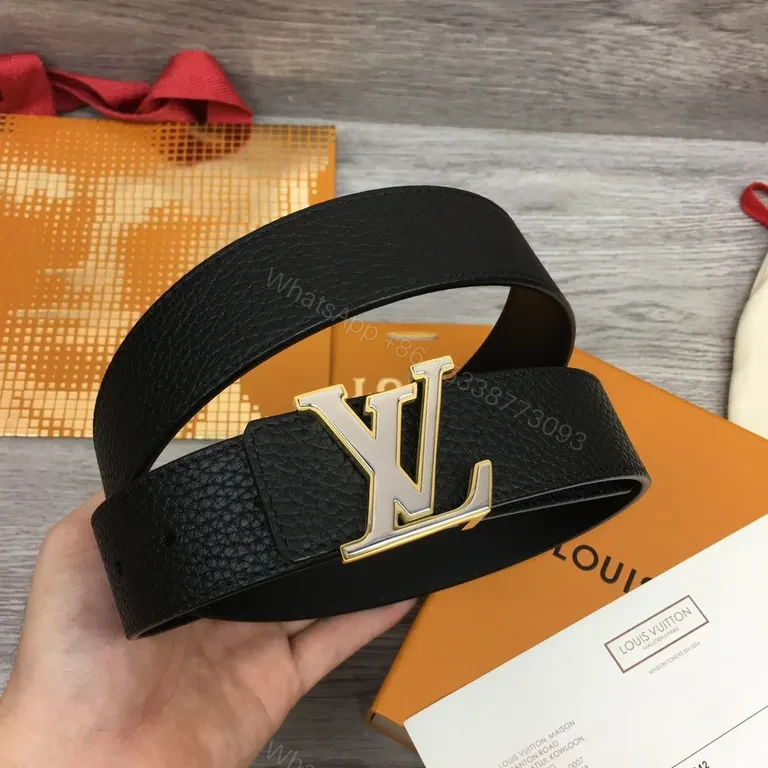 View 4 of Black Leather Belt with LV-Style Gold Buckle - Premium Everyday Accessory