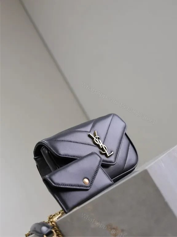 View 5 of Black Leather Envelope Bag with Gold YSL Logo, Structured Style