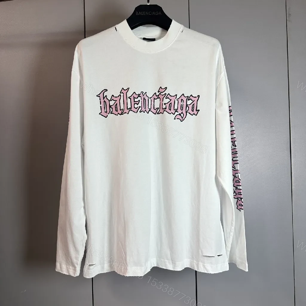 White Cotton Blend Tee, Balenciaga-Inspired Graphic, Long Sleeve Tee — view 1