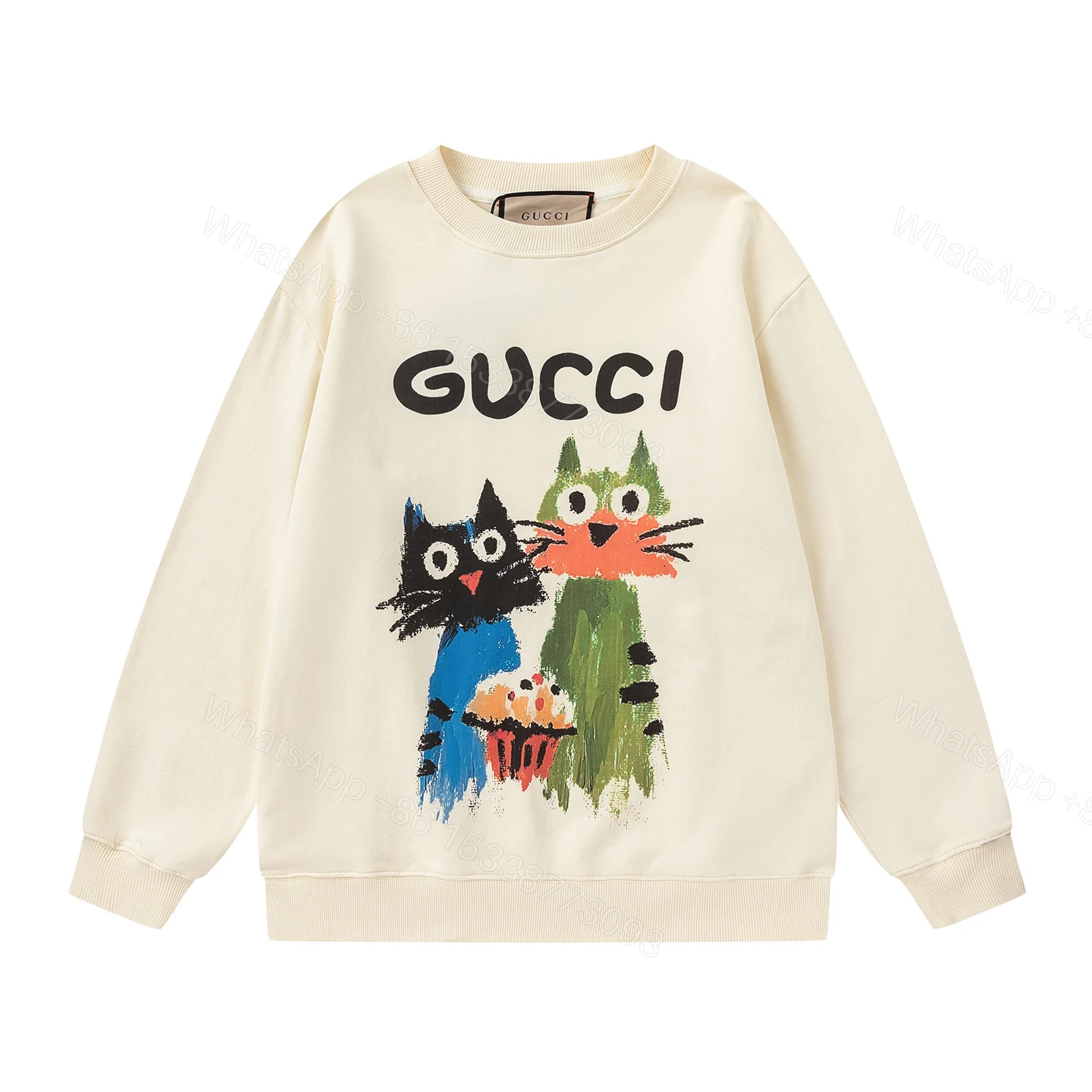Gucci 高仿貓咪情侶圖案圓領長袖 奶白底趣味插畫設計款 — view 1