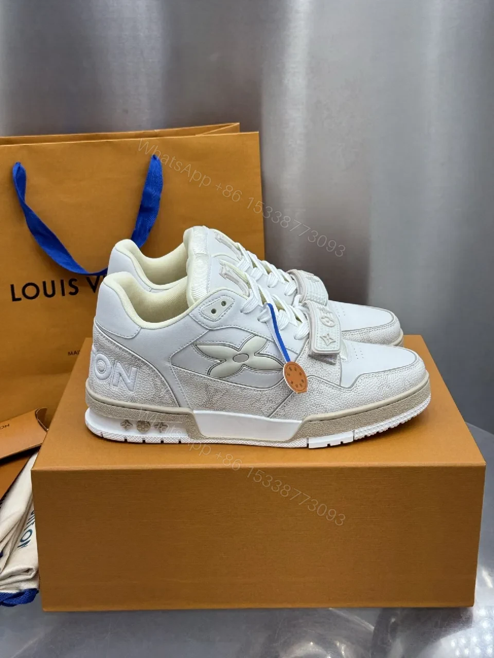 View 6 of White Leather-Texture High-Top Sneakers with Velcro