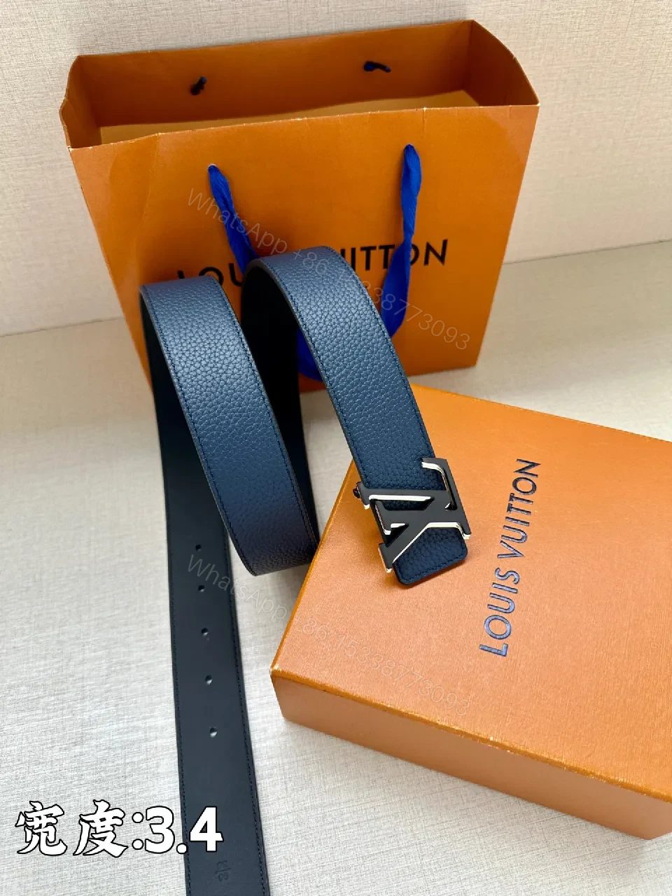 View 3 of Blue Leather Belt with LV Buckle – Modern Luxury Belt