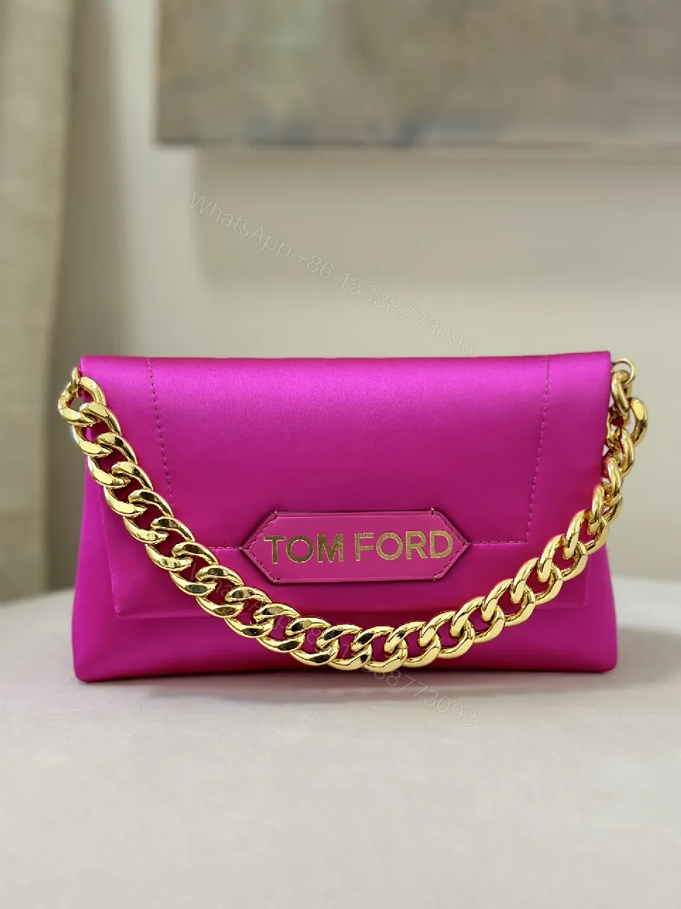 View 3 of Pink Leather Clutch + Gold Chain + Luxury Modern + Bold Statement + Clutch