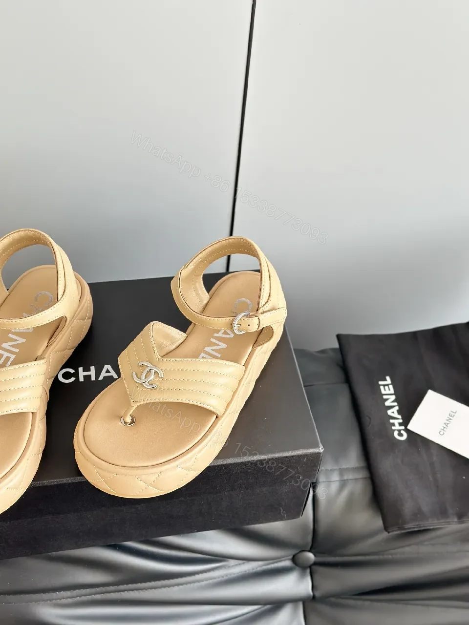View 6 of Quilted Leather Sandal with Cushioned Footbed and Nude-Tan Strap