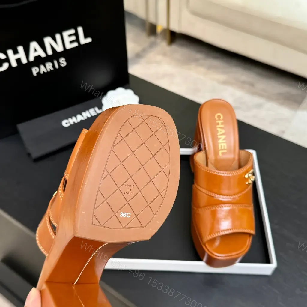View 5 of Chunky Leather Mules with Logo Detail, Platform Heel, Open Toe