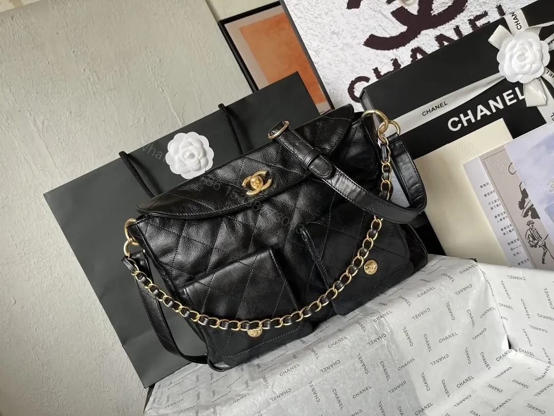 View 10 of Quilted Black Leather Satchel with Gold Chain Accent