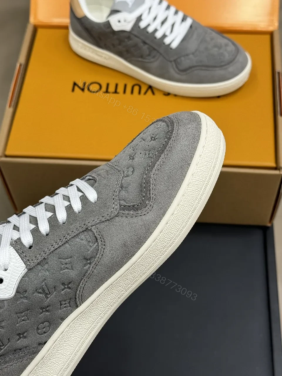 View 2 of Grey Suede Knit Sneakers - Subtle LV Texture, Cushioned Comfort
