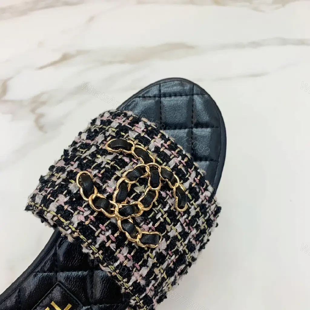 View 4 of Black Tweed Chain Slides Quilted Leather Modern Chanel Logo Sandals