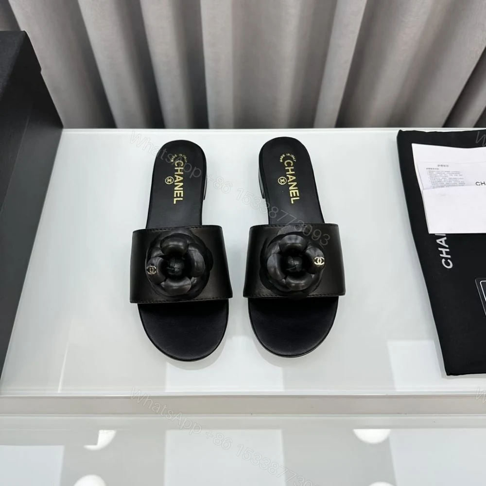 View 3 of Chanel Black Camellia Slide Flat Sandals
