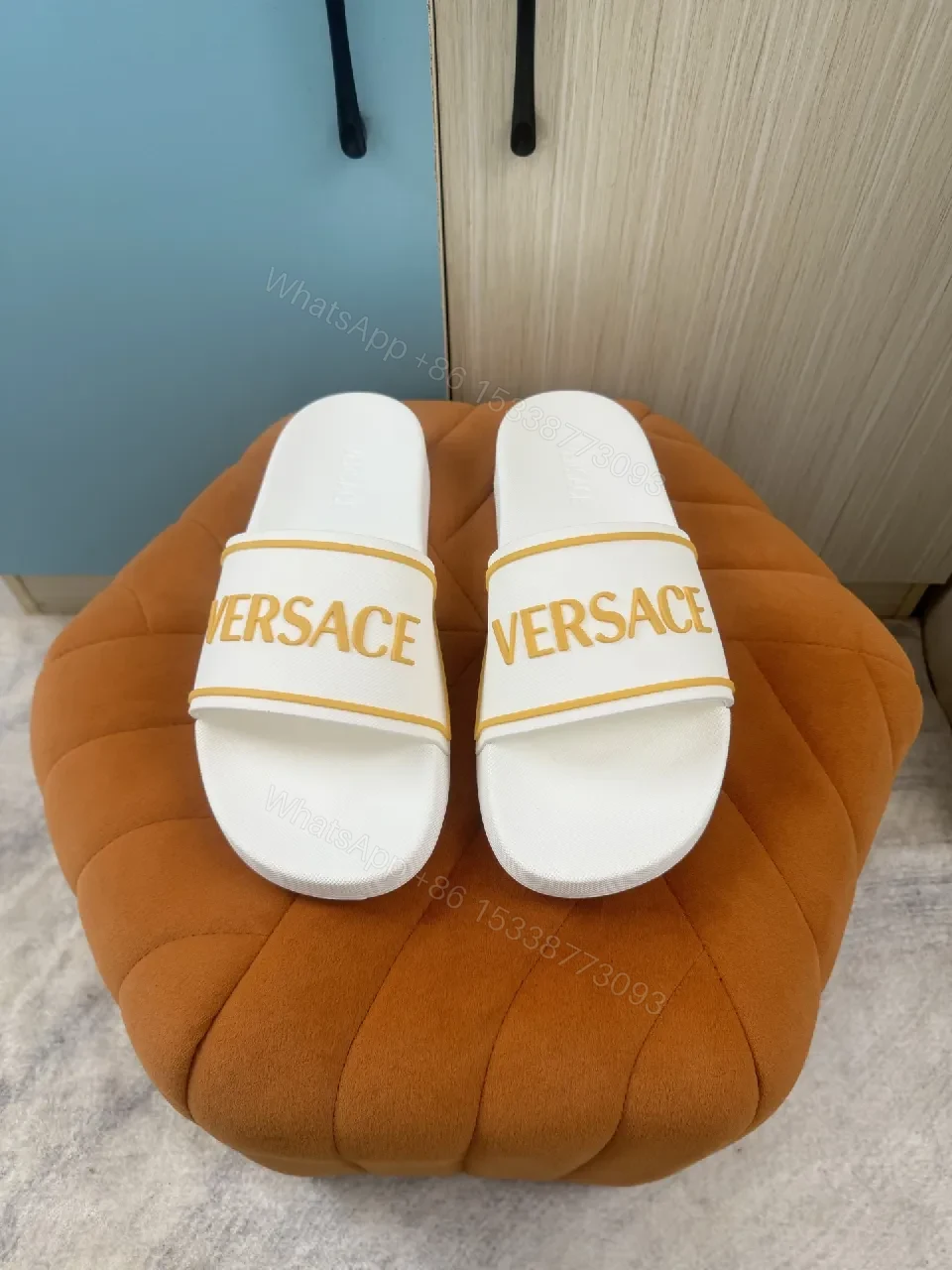 View 8 of White & Yellow Versace-Trim Slide Sandals: Luxe Comfort Sliding