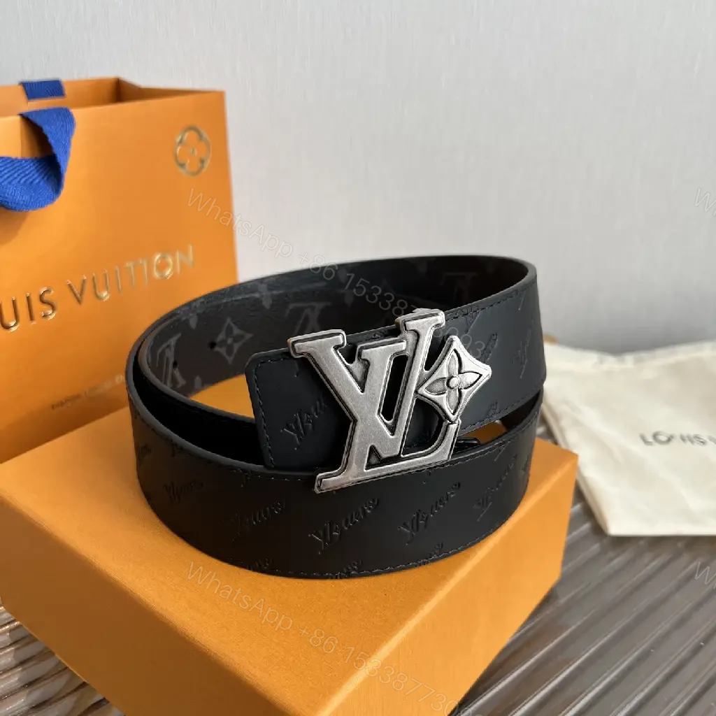 View 2 of Dark Gray/Black Leather Belt – LV Monogram, Pebbled Texture, Silver Buckle