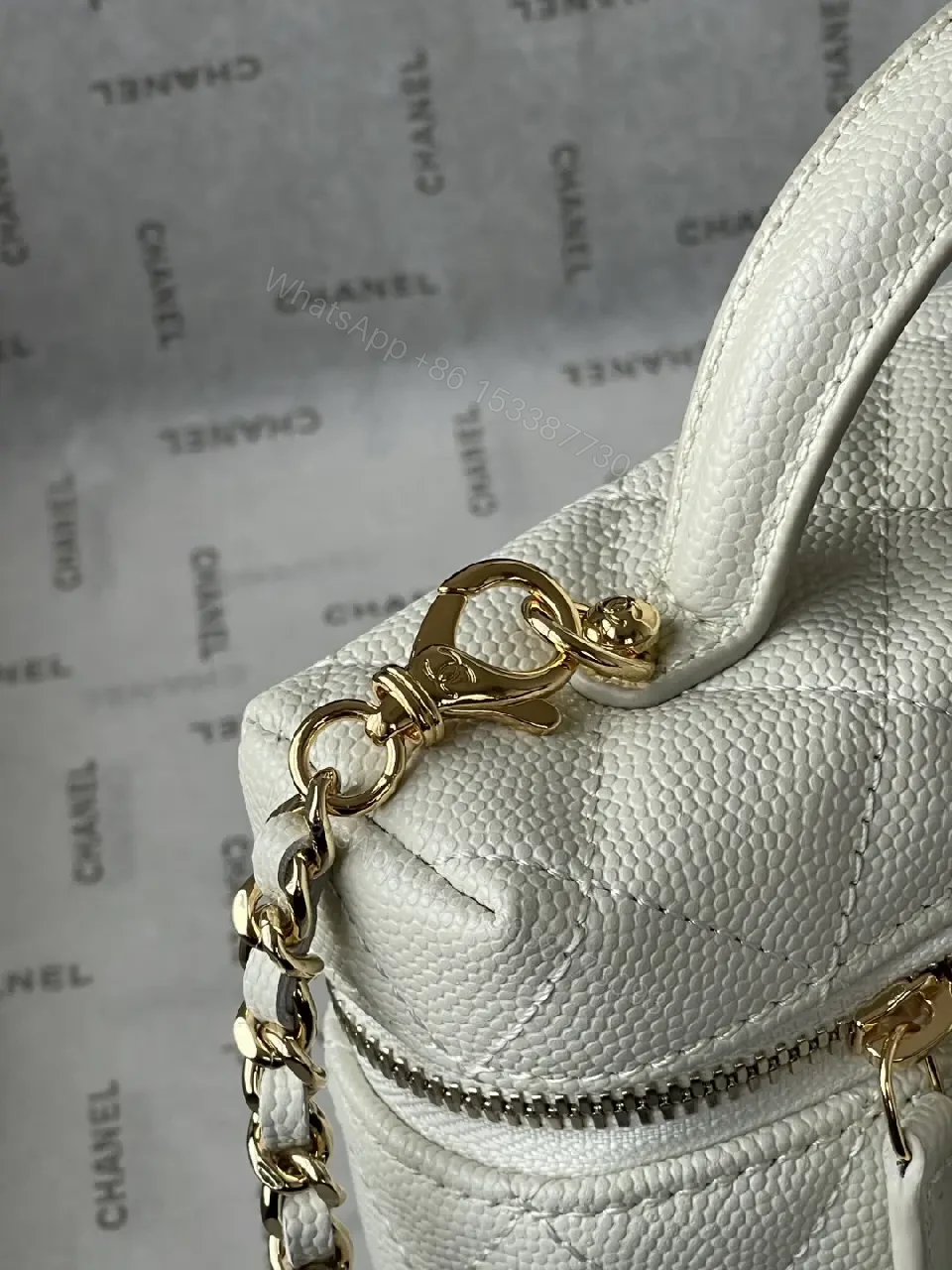 View 8 of Quilted Ivory Mini Bag in Luxe Chevron, Gold Hardware