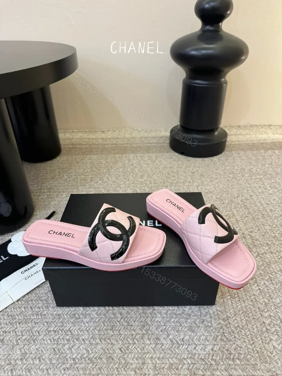 View 8 of Pastel Pink Faux-Leather Slides with Logo Hardware