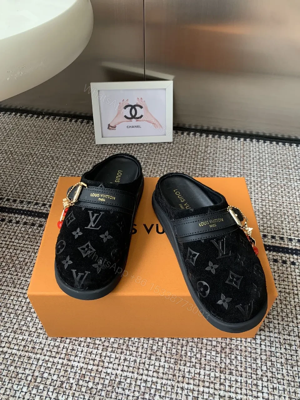 View 9 of Monochrome Velvet Slip-Ons with Gold Hardware