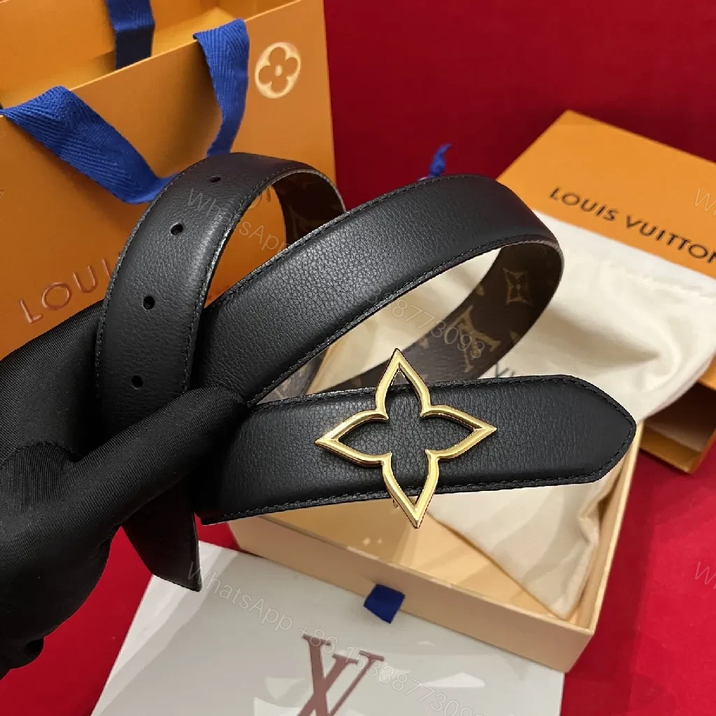 View 5 of Brown Canvas Belt, Gold Fleur-de-Lis Buckle, Monogram-Style, Statement Accessory