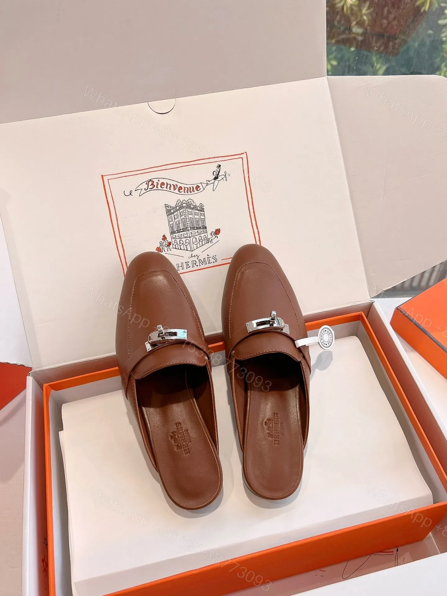 View 4 of Hermes Women Brown Leather Slip On Mules