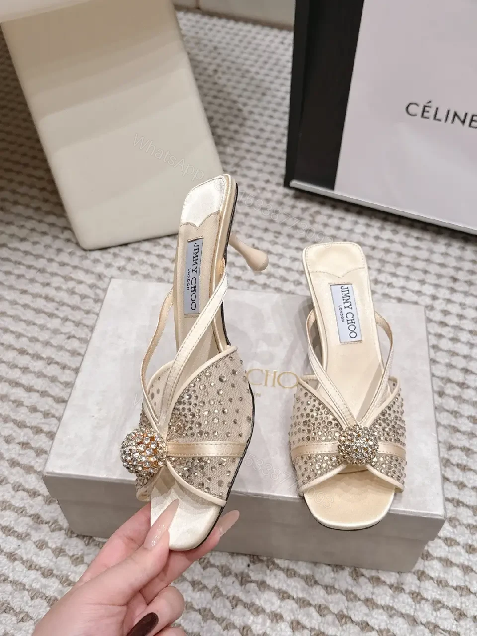 View 3 of Cream satin crystal-embellished kitten-heel sandals for luxury occasions