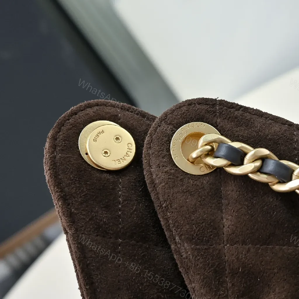 View 7 of Dark Chocolate Suede Bag with Gold Chain Detail, Flap Style Bag