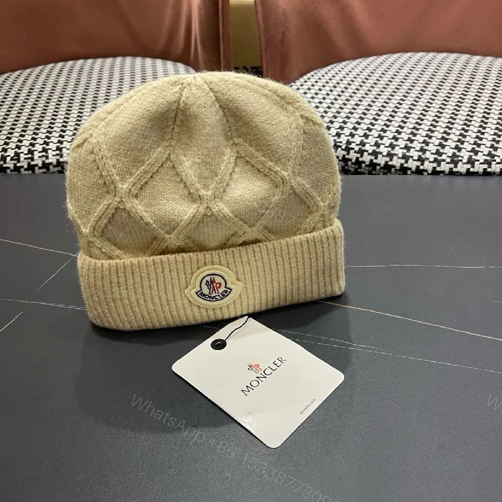 View 7 of Cream Knit Beanie + Wool Blend + Classic + Subtle Moncler Patch + Beanie