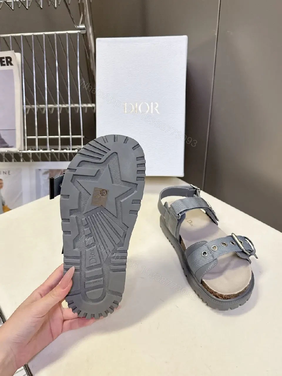 View 7 of Gray Leather Sandals with Cork Footbed & Buckle Straps (Dior Style)
