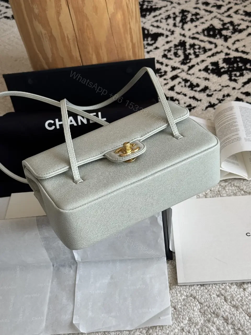 View 3 of Light Gray Pebbled Leather Structured Handbag with Gold Turn-Lock Clasp