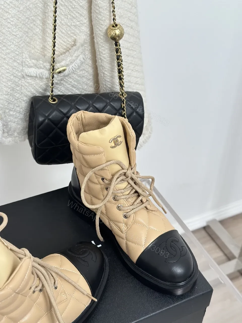 View 2 of Quilted Nubuck Boots: Beige/Black, Modern Luxe Comfort