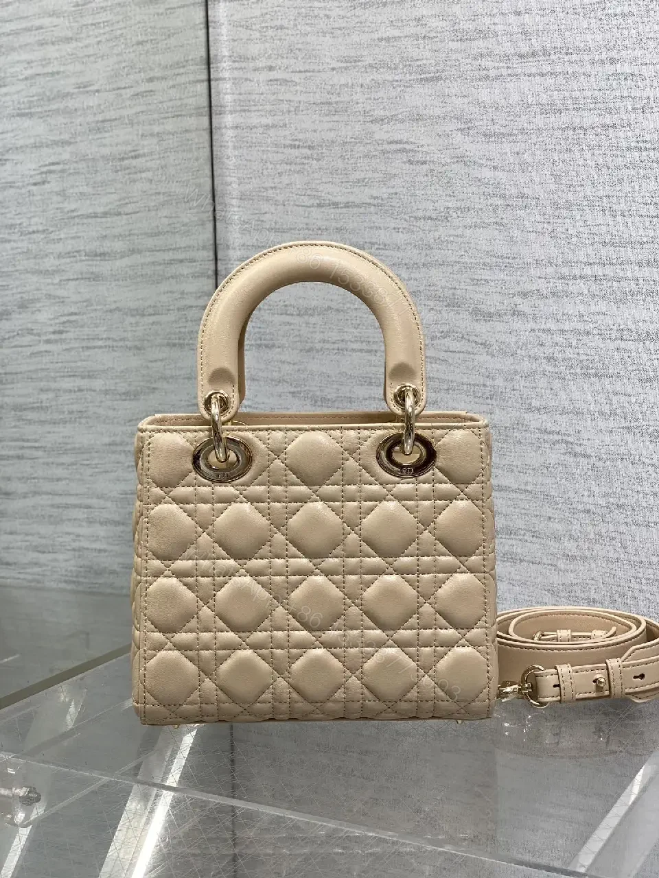 View 3 of Beige Quilted Leather Handbag with Top Handle for Everyday Luxury