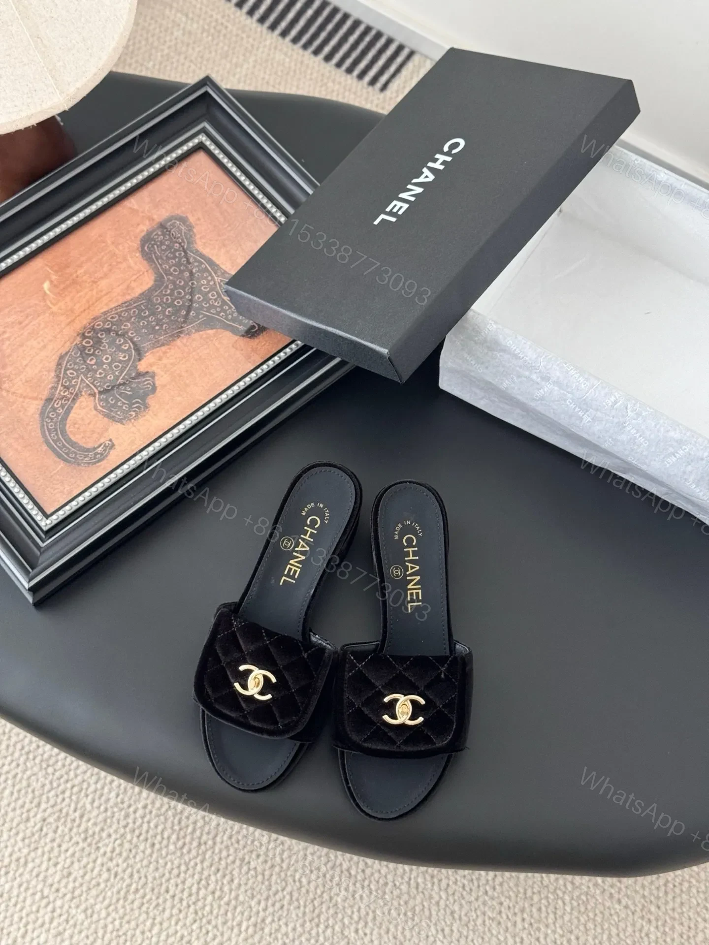 Chanel Women Black Quilted Velvet Slides — view 1