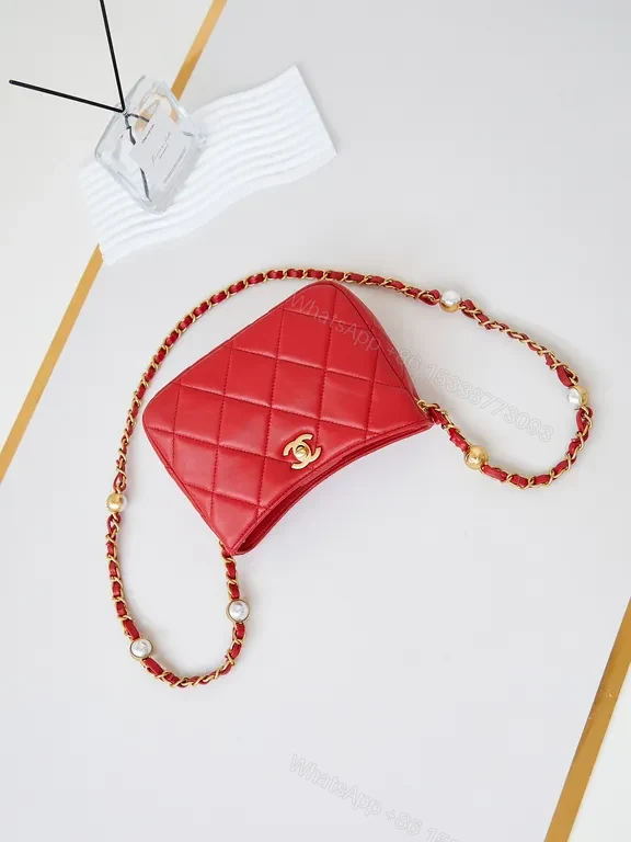 View 6 of Red Quilted Crossbody with Chain-Detail Strap - Luxe Compact Bag