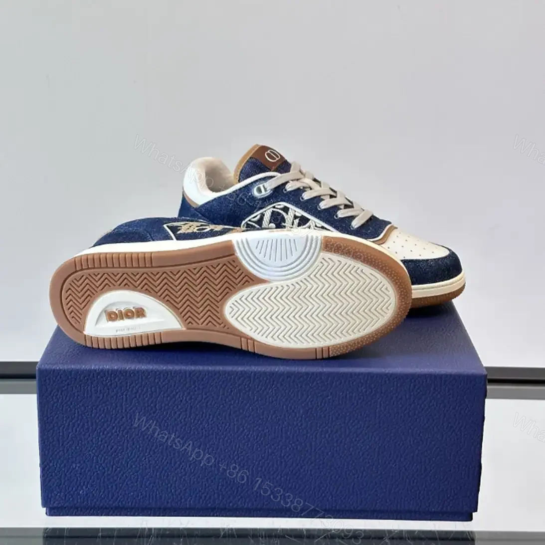 View 8 of DIOR B27 UPTOWN SNEAKERS BLUE DENIM WITH BEIGE AND COGNAC SMOOTH CALFSKIN – CD216