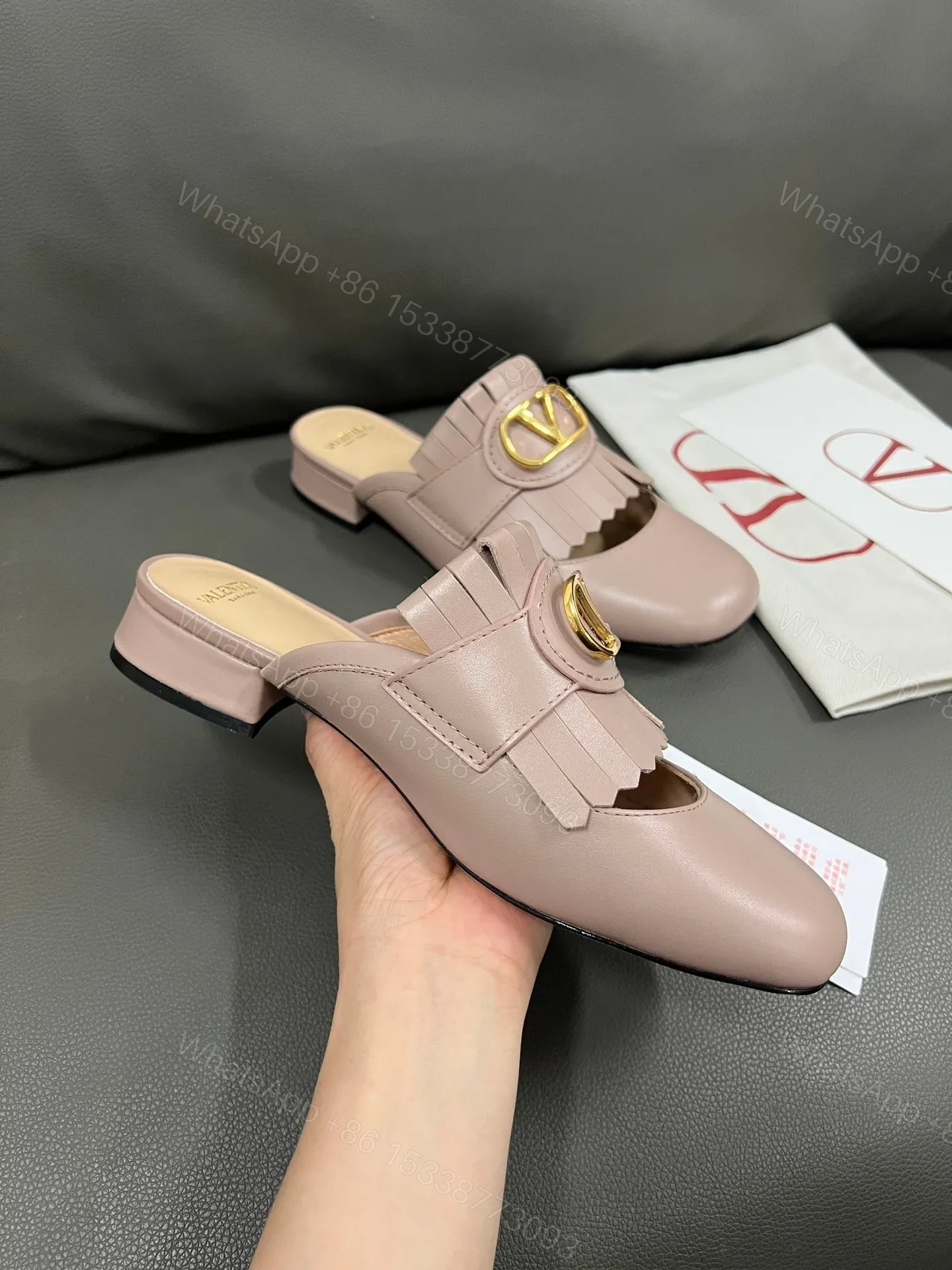 View 6 of Valentino Women Pink Leather Fringe Mules