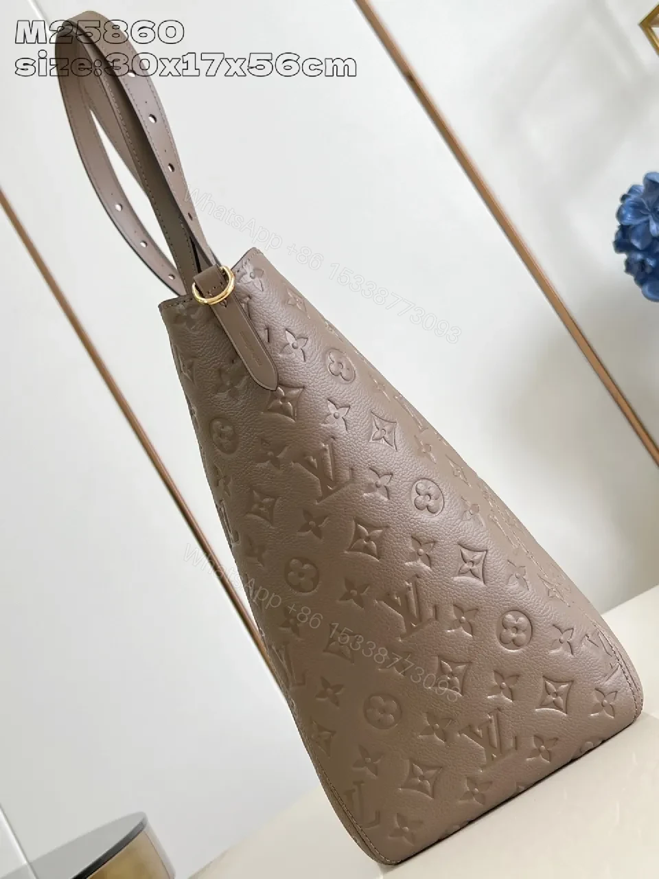 View 3 of Taupe Leather Tote: Structured Modern Monogram with Secure Hardware