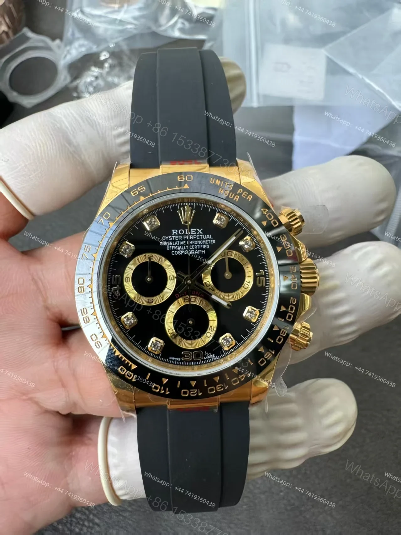 View 5 of Rolex Daytona 1:1 Replica – M116518LN-0078 Black Diamond Dial 18K Gold 4130 Super Clone
