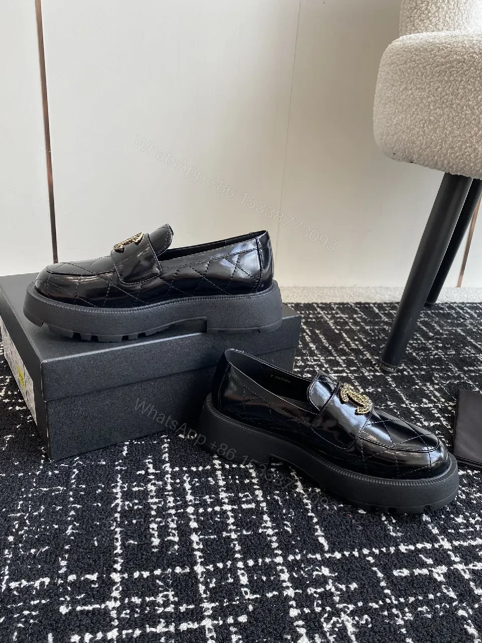 View 4 of Quilted Velvet Loafers: Gold Logo, Black Patent, Luxe Style