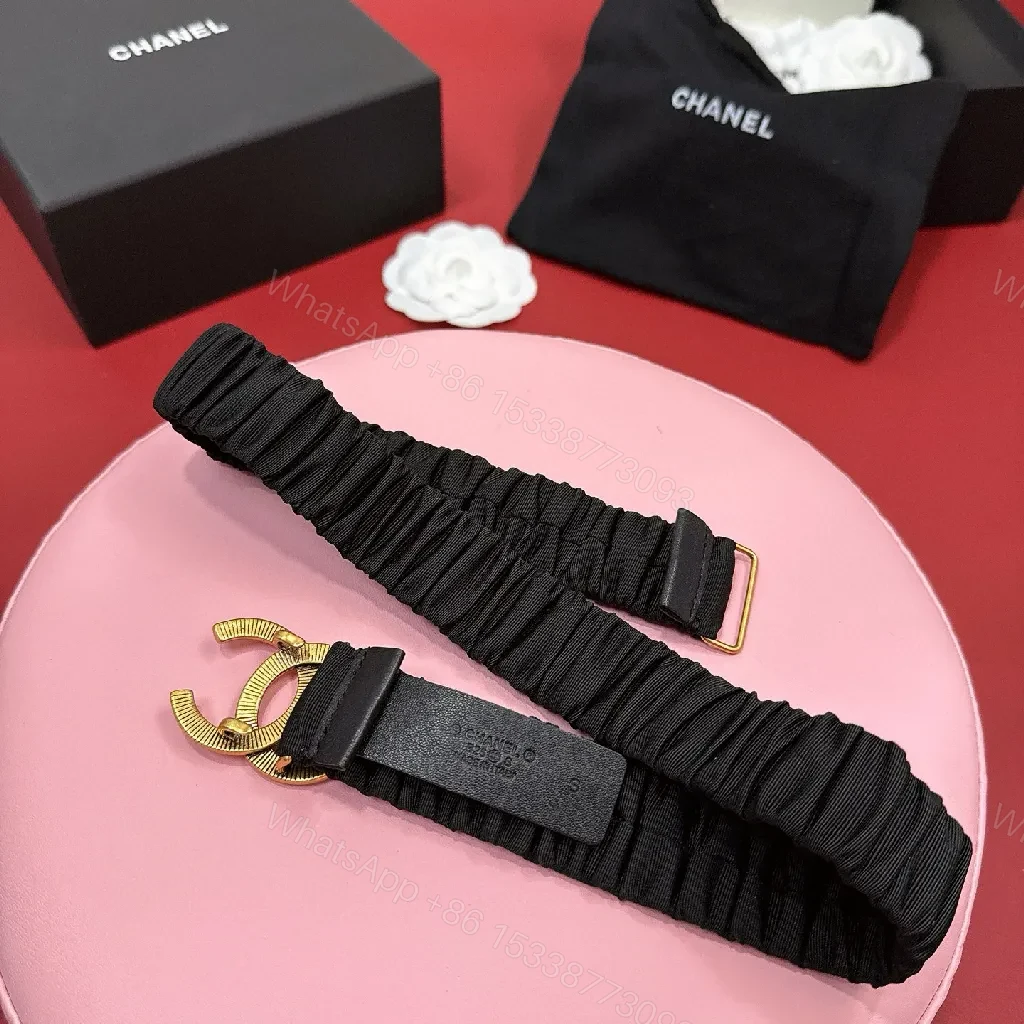 View 5 of Elastic Belt with Gold Double-C Clasp - Luxe Casual Couture Accessory