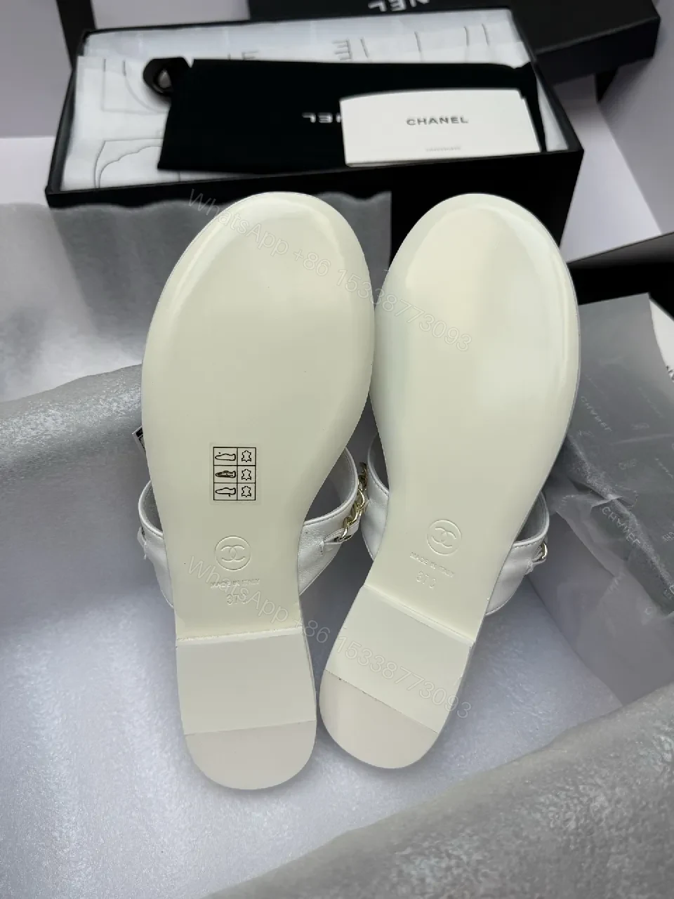 View 6 of Elegant White Leather Sandals with Gold Chain Accent