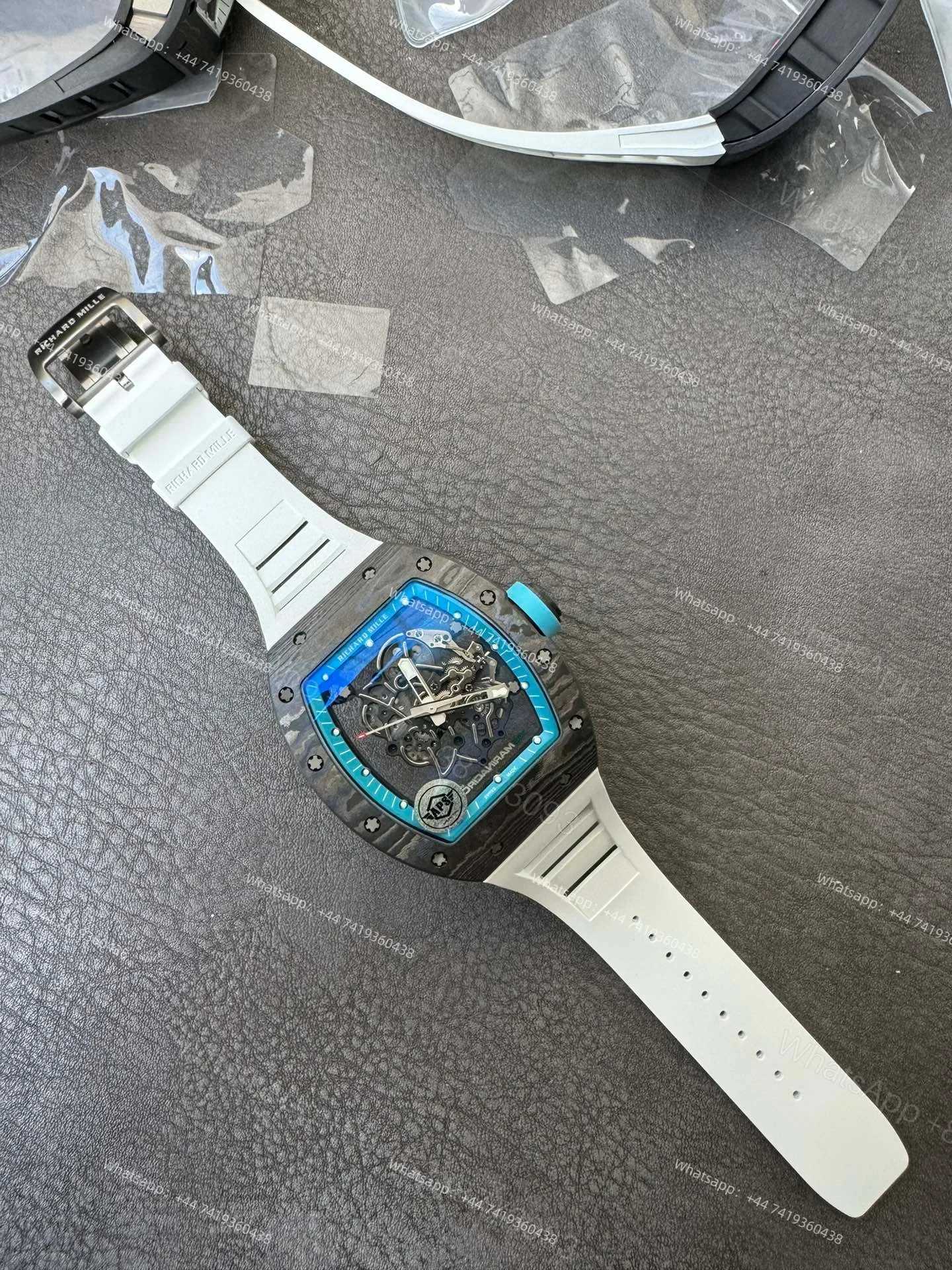 View 15 of Super Clone Richard Mille RM 055 Carbon TPT Blue Inner Bezel White Rubber Strap 1:1 Replica Watch