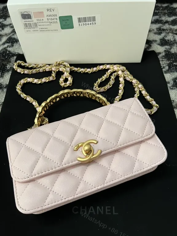 View 7 of Chanel-Inspired Pink Quilted Leather Mini Bag with Gold Chain