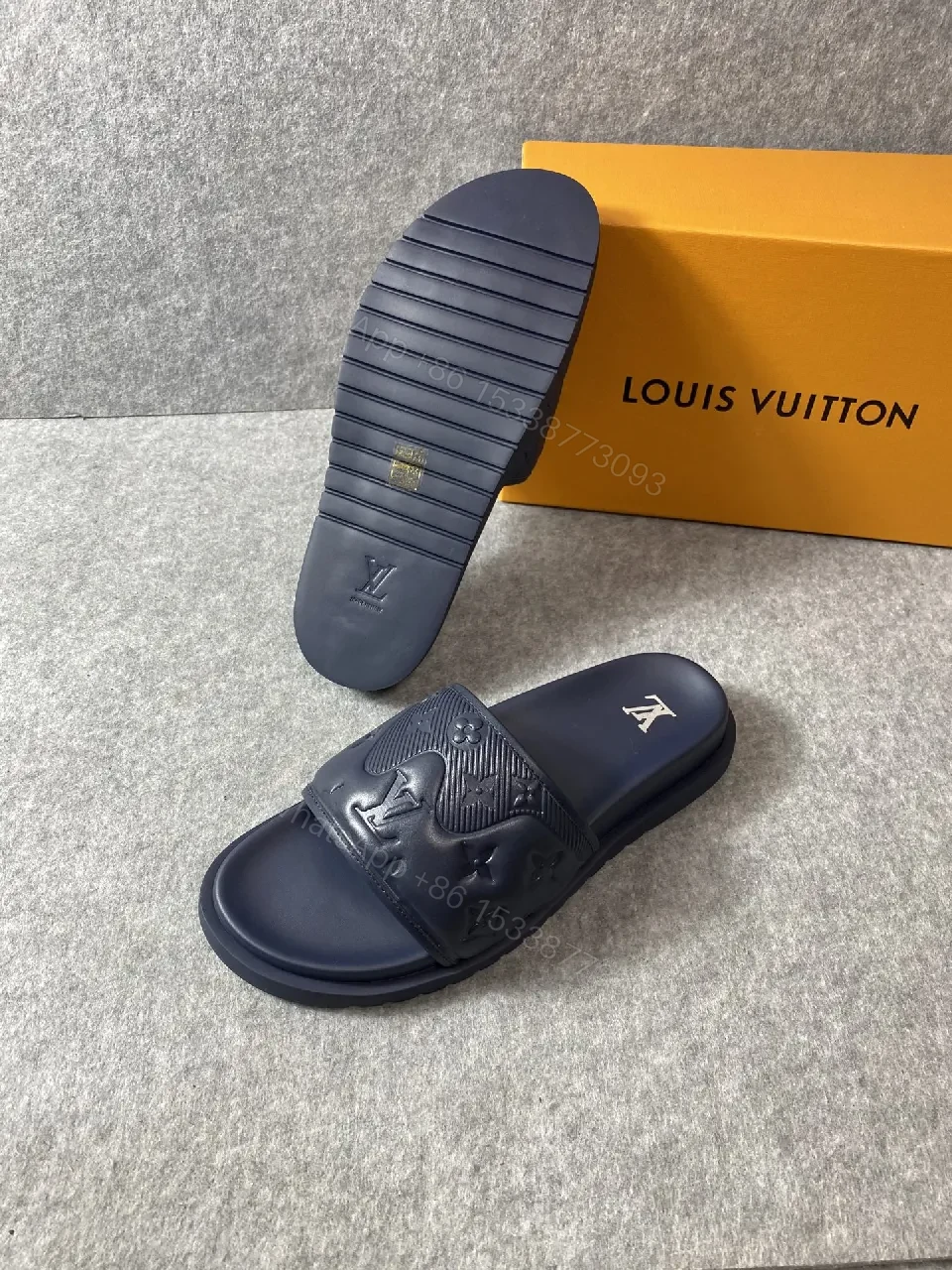 View 4 of Navy Leather Slide: Luxe Minimalist Embossed Comfort Slide