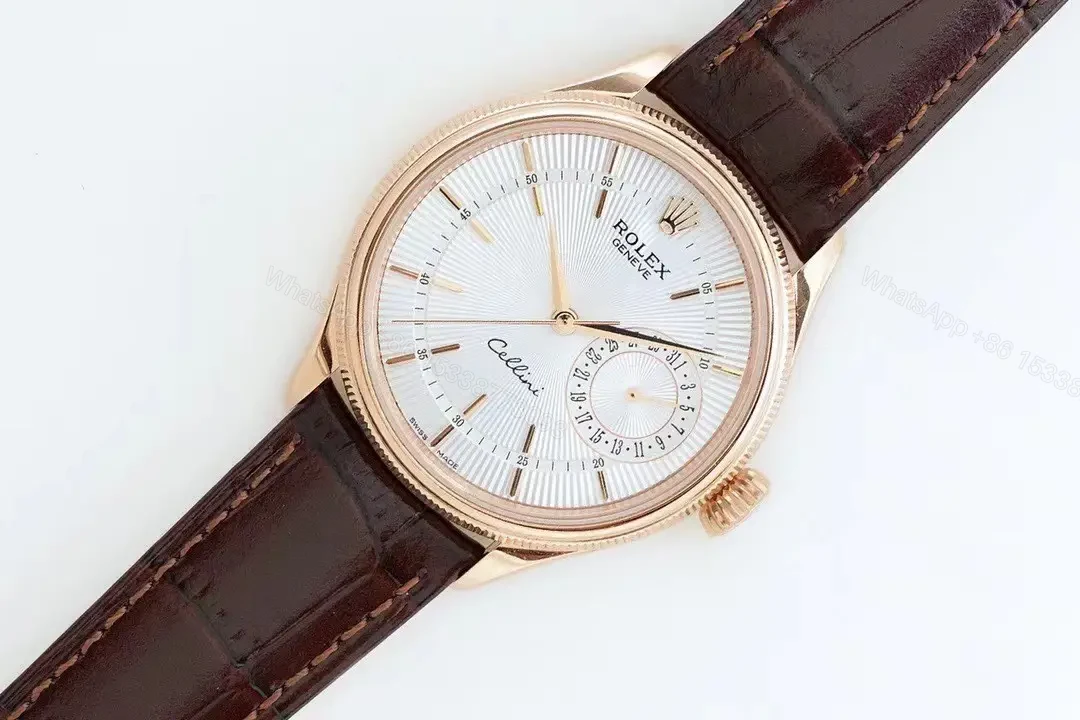 View 2 of Best Rolex Cellini Calendar 50529 replica 39MM White Dial Brown Leather Strap Edition RG-CELLINI-CALENDAR-50529-WHITE-LEATHER