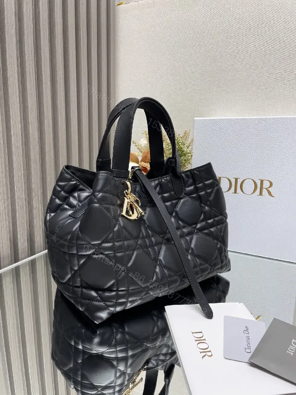 View 6 of Black Quilted Tote with Gold Charm – Luxury Everyday Bag