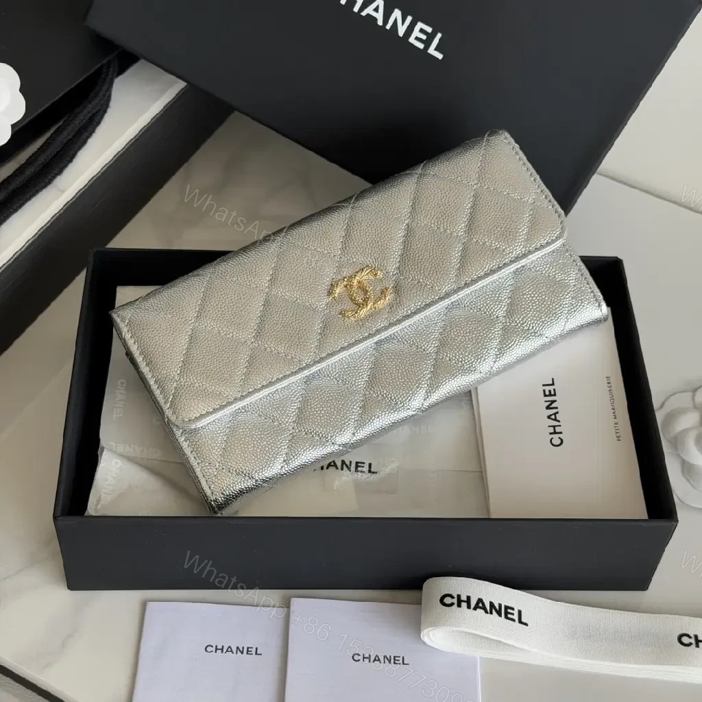 View 11 of Silver Metal Leather Quilted Wallet with CC Flap Closure